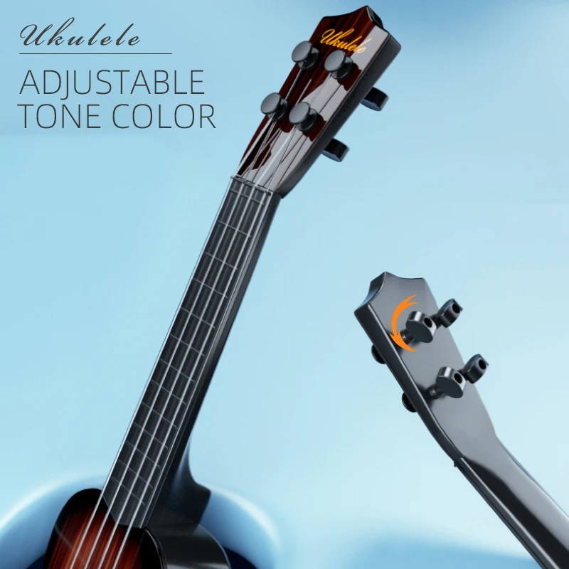 Music-orientated children's guitar toy that can be played with a pick to imitate basic musical instruments, resembling a ukulele