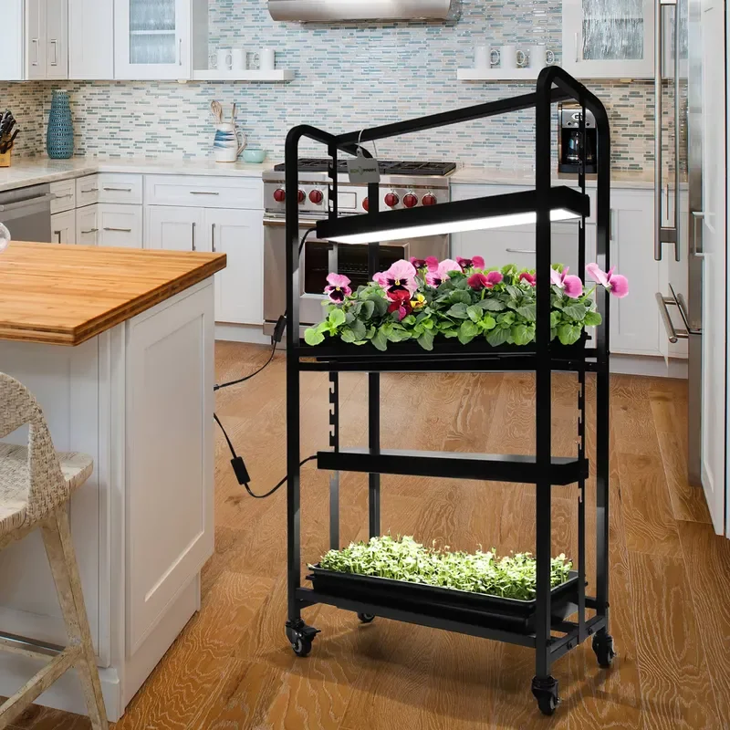 2-Tier Adjustable Height Movable Wheels Iron Frame Indoor Hydroponic Plant Growing Home Garden Rack 48W 6500K LED Grow Light
