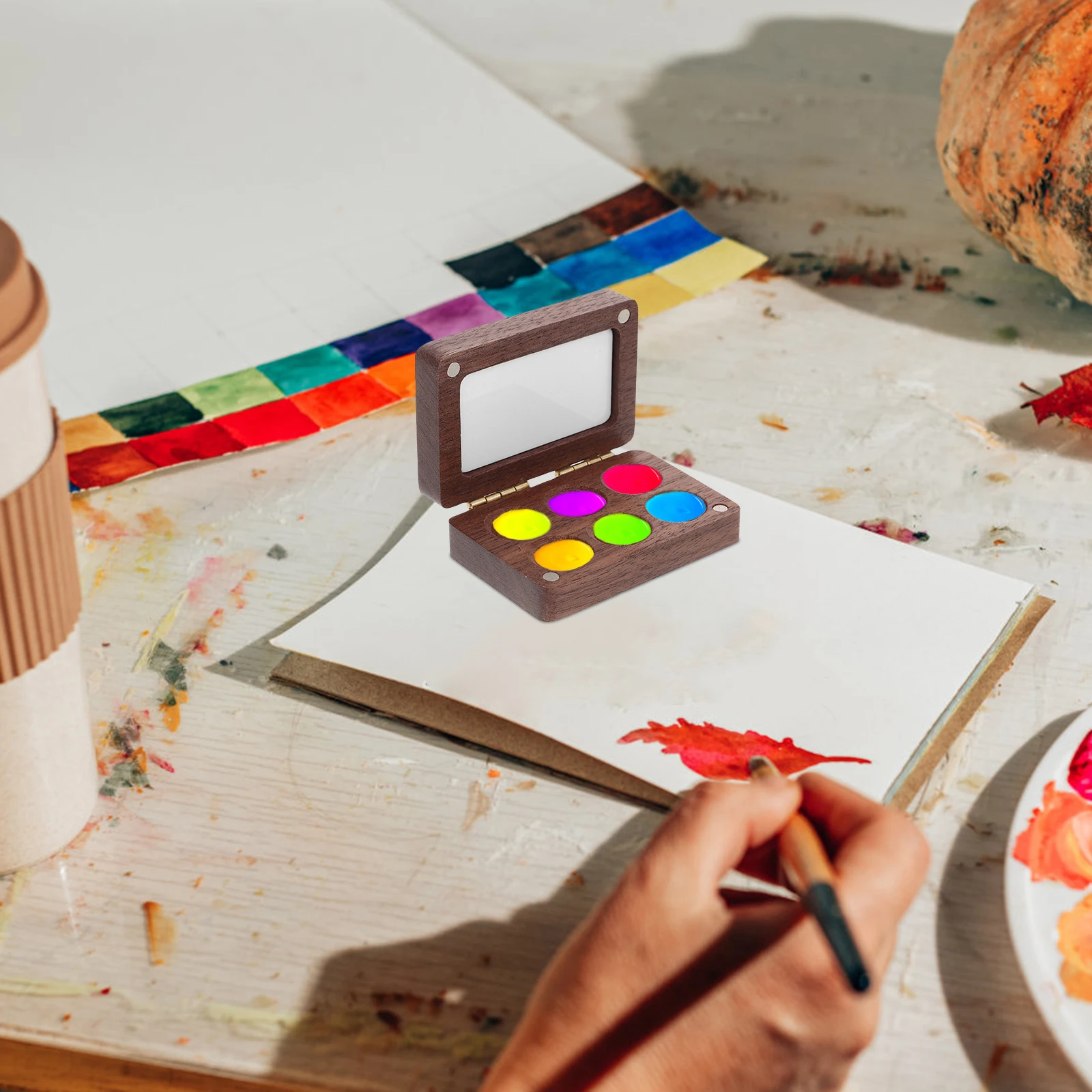 

Mini Portable Wooden Paint Box Black Walnut Mixing Tray Included Artist Painting Kit Empty For Color Blending Pocket Watercolor
