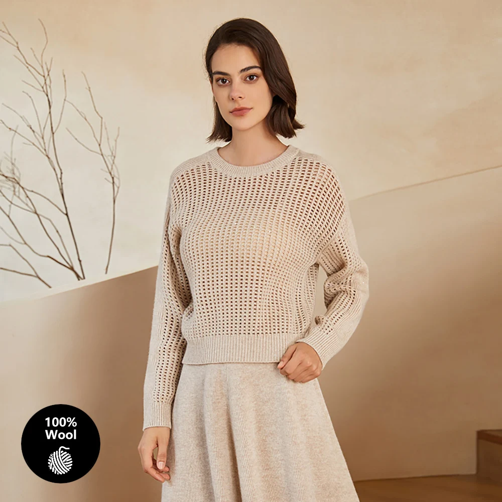 BC-317 Thick Cut Out Round Neck 100% Pure Wool Clothes Women\'s Pullover Top Knitted Sweater Women\'s Sweaters Woolen Sweater