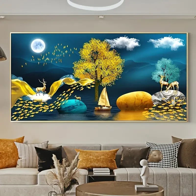 1pc frameless Canvas Painting 1pc Chinese Feng Shui Golden Rich Tree Canvas Painting Wall Art, Deer Landscape Lucky Stone Poster