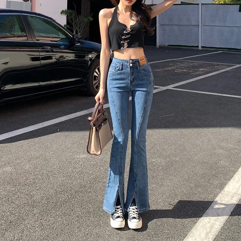 Women's New Korean Fashion High-waisted Stretch Slim-fit Flared Jeans With Slits Straight Cut Drapey Denim Trousers