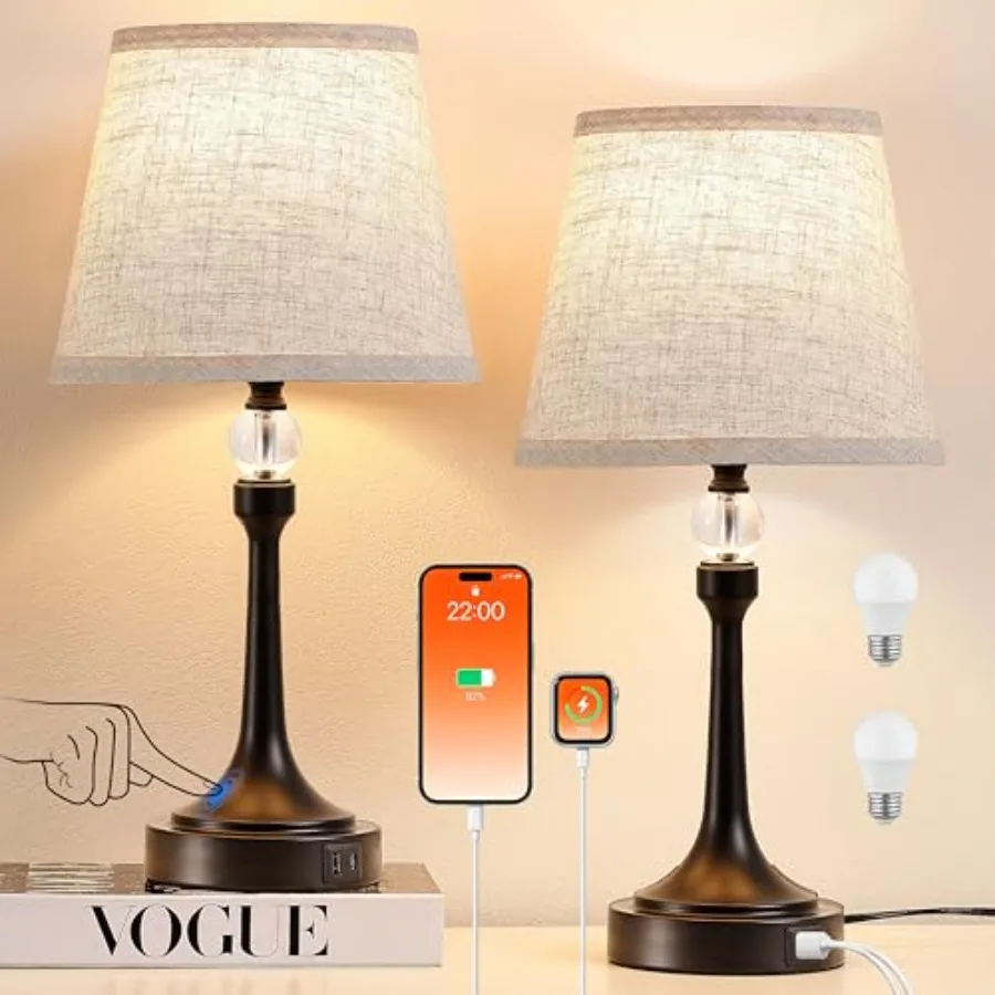 

19.7'' Touch Table Lamps for Living Room, Small Lamp for Bedroom with USB C+A Ports, Dimmable Touch Lamps Set of 2, Reading Des