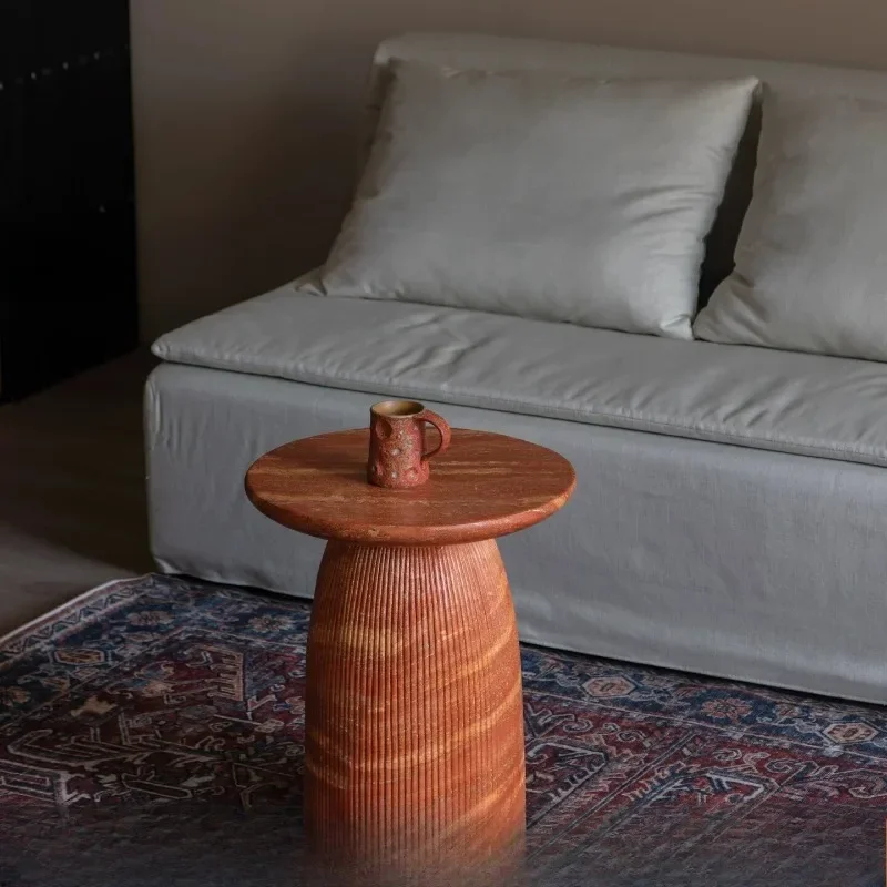 Wabi Sabi Natural Travertine Fluted Ribbed Cone Base End Table Round Stone Top Minimalist Living Room Sofa Corner Decor