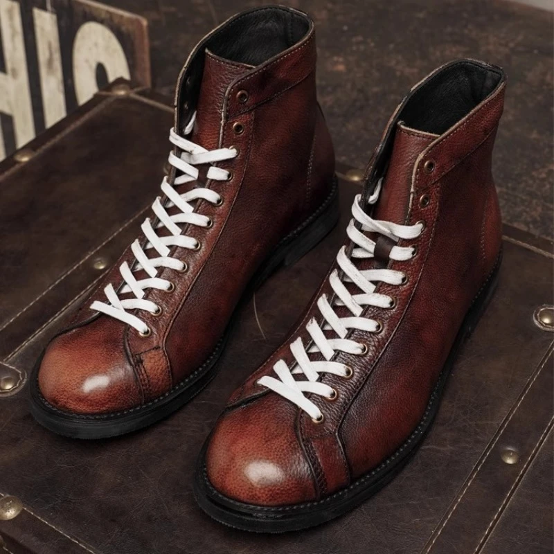 

Vintage Fashion Casual Chelsea Boots Men Shoes Casual Lace Up Work Outdoor Riding Boots Male Genuine Leather Ankle Boots Youth