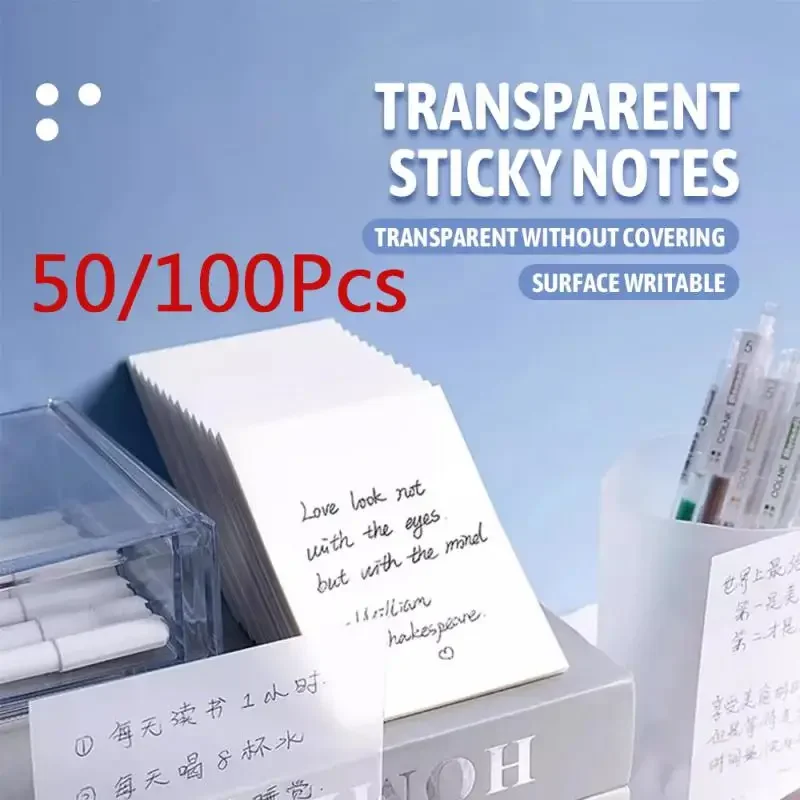 50/100 Sheets Sticky Notes Reusable Transparent Sticky Notes Waterproof Note Paper For School Bookmark Marker Office Stationery