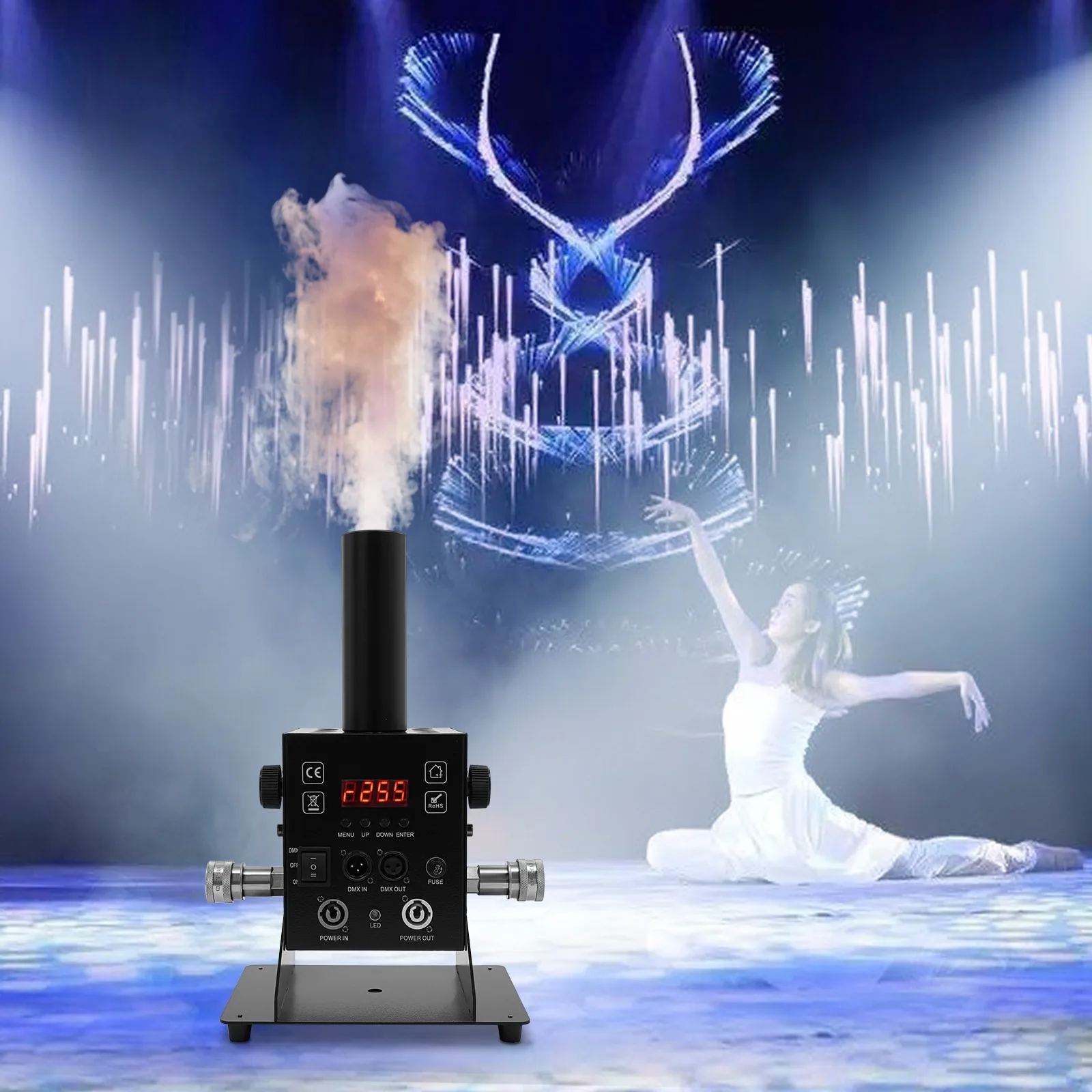 

BYMAOCAR 250W 5-in-1 LED CO2 Jet Machine, Single Pipe CO2 Cannon Stage Fog Smoke Machine, Manual/DMX 9 Channels