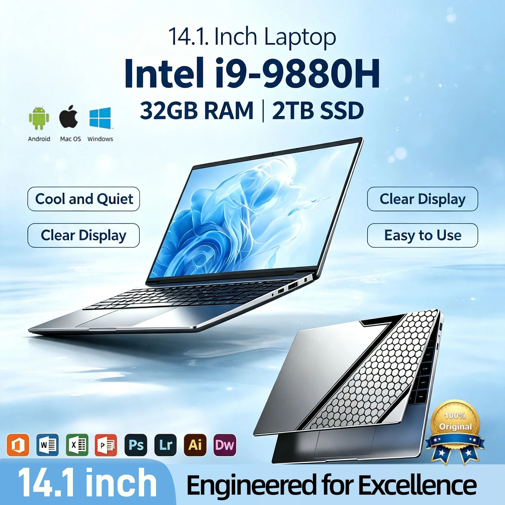 2026 Intel Core i9 9880H 14.1 Inch Ultra Slim Gaming Laptop 2.3GHz 4.8GHz Turbo 32GB RAM 2TB SSD 1920x1080 Office Pro Max