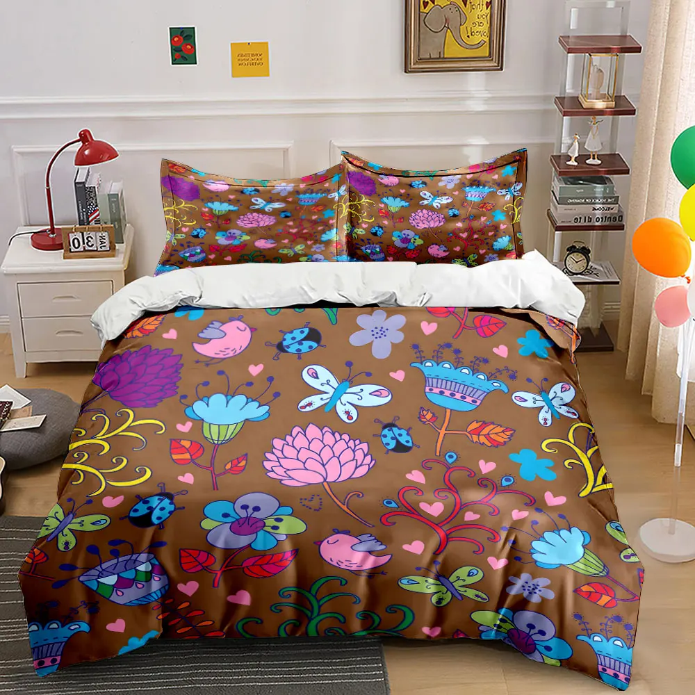 Cartoon floral and insect background Print Bedding Set 1 Duvet Cover 2 Pillowcases for Adult and Children Luxury Gift Full Size