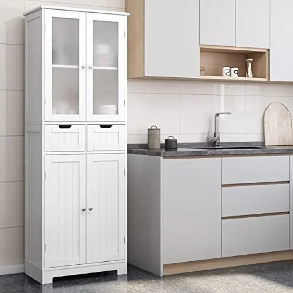 67" Tall Storage Cabinet, Freestanding Pantry Cabinet with Glass Door and Shelves, Linen Bathroom Cabinet with 2 Drawers