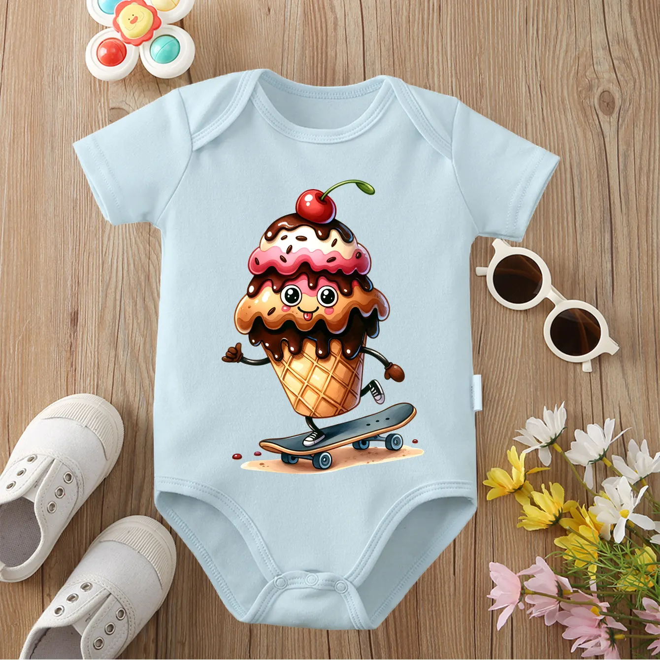 

100% хлопок, скейтборд с мороженым, боди с изысканным принтом, удобный комбинезон для малышей, комбинезон для новорожденных от 0 до 12 месяцев