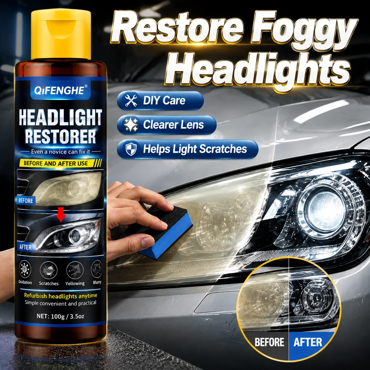 Car Headlight Restorer Remove Yellowing Oxidation Repair Light Scratches Restore Clear Bright Lens DIY Headlight Renewal Care