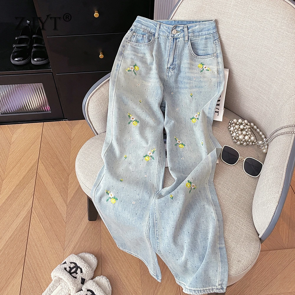 ZJYT High Street Fashion Women Embroidery Jeans Spring Summer High Waist Wide Leg Long Denim Pants Casual Trousers Female Blue