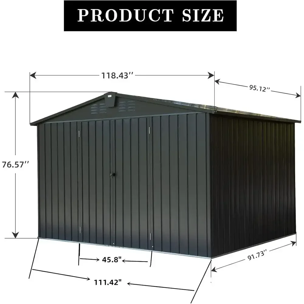 10x8 Metal Storage Shed with Lockable Double Doors for Outdoor, Bike, Garden, and Lawn Use