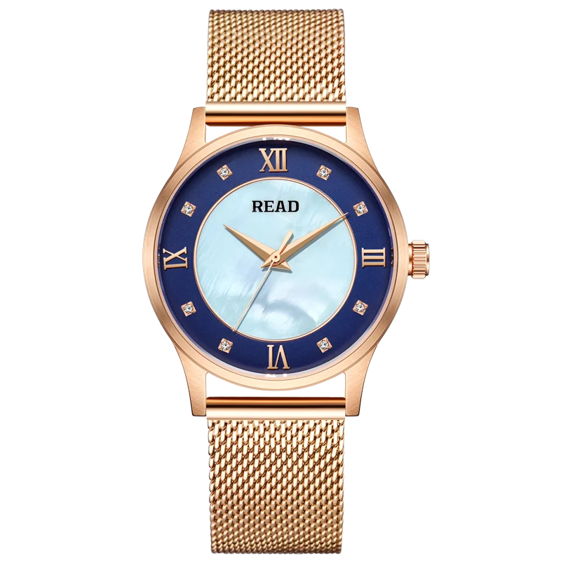 READ Women Quartz Watch | Rose Gold Mesh Strap | Blue Shell Dial With Decor Crystals | High Hardness Glass | 3ATM Waterproof