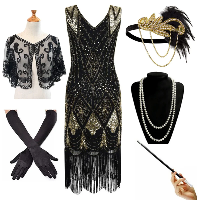 New Women Banquet Retro Dress 1920s Vintage Flapper Long Fringe Beaded Gatsby Party Dress Shawl with 20s Accessories Set(6PC)