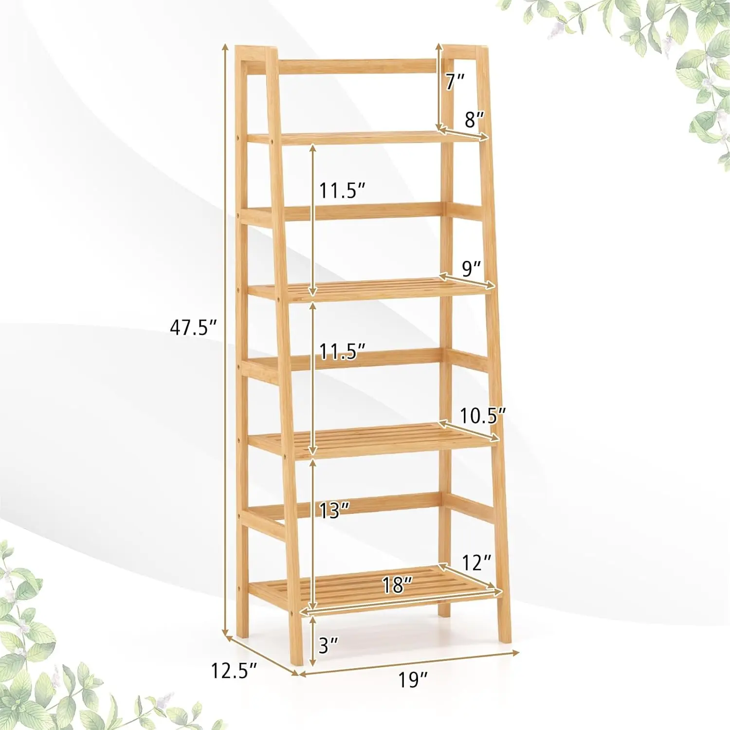 4-Tier Bookshelf, 47.5"" Bamboo Open Bookcase Book Shelf With Storage, Freestanding Display Shelving Unit Plant Stand, Ladder