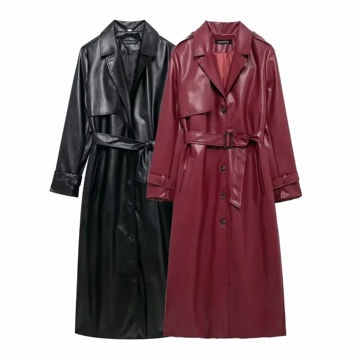 Manteau en Faux cuir pour femmes, nouvelle mode avec ceinture, Style Long, simple boutonnage, Vintage, manches longues, poches, vêtements d'extérieur, 2024