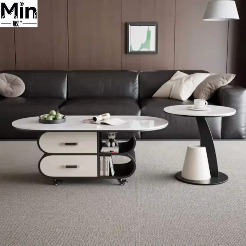 Modern Simple Marble Wood Convertible Mobile Tea Combination Durable Space Saving for Small Apartment Living Room