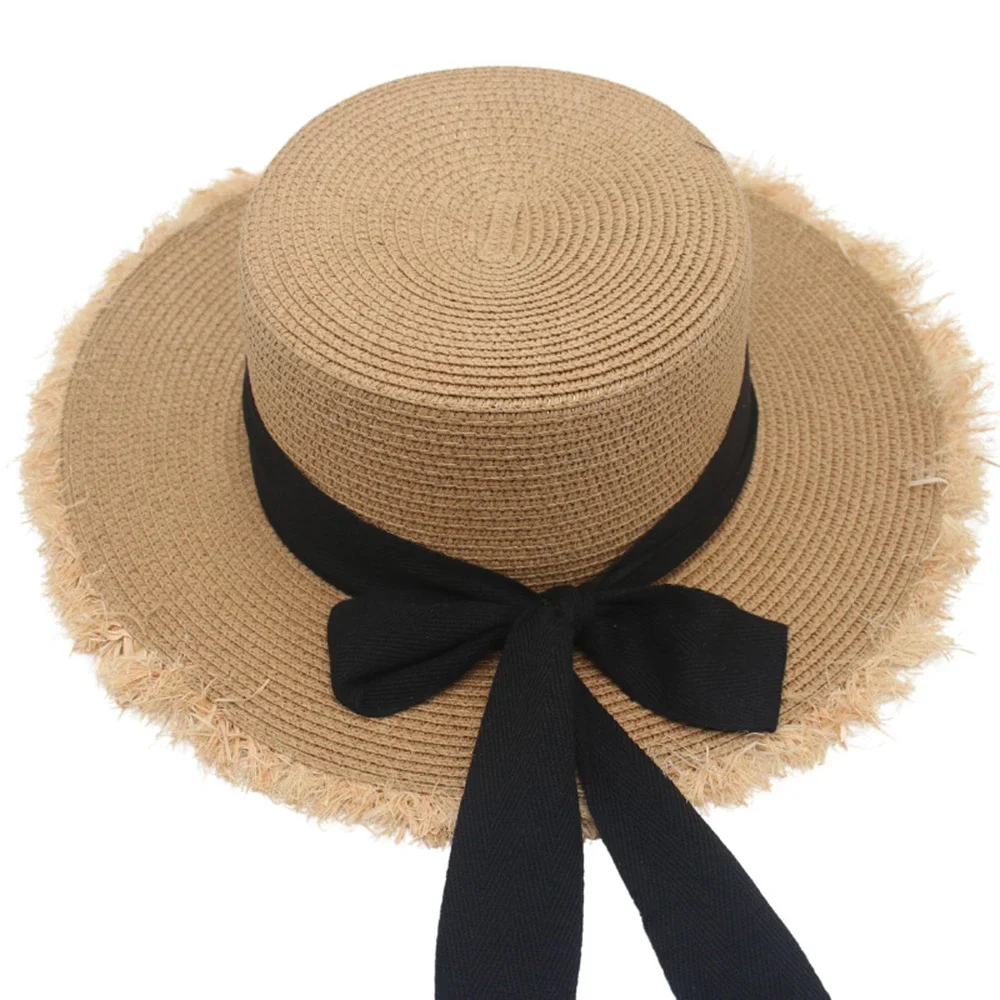 Summer Versatile Fashionable Straw Hat For Women Beach Vacation Woven Grass Bow Ribbon Small Fresh Sun Protection Sunshade Hat