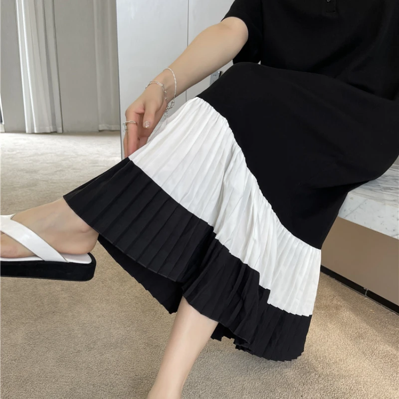 Skin-friendly Loose Large Over Knee Lengthened Panel Pleated Embroidered Short Sleeve POLO Dress