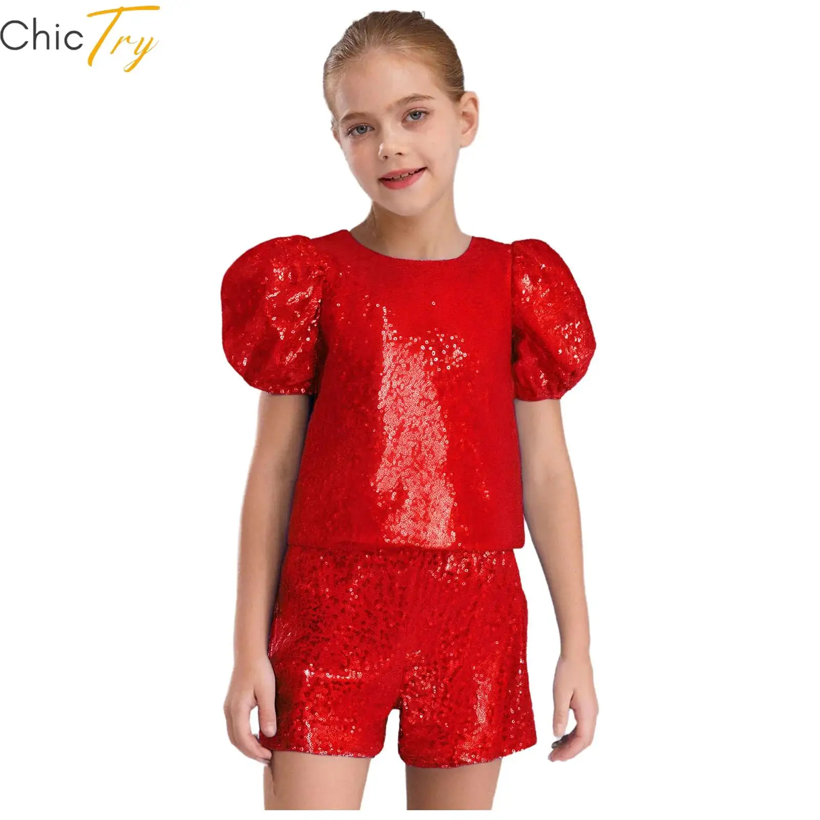 

Детские комплекты для латинских джазовых танцев для девочек, наряды для выступлений на сцене с блестящими пайетками, топ с короткими пышными рукавами и подходящие шорты, костюм