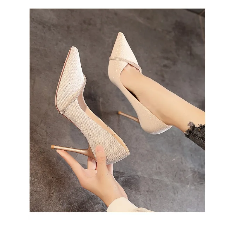 Single Shoe Women 2024 New Spring and Autumn French Girls Pointy Rhinester High Heels Fashion Stiletto Bridesmaid Shoes