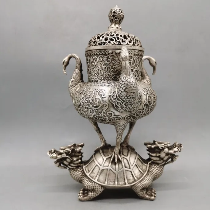 Chinese White Brass Silver-Plated Crane Turtle Incense Burner Longevity Dragon Tortoise Base Three Cranes Censer Home Decor