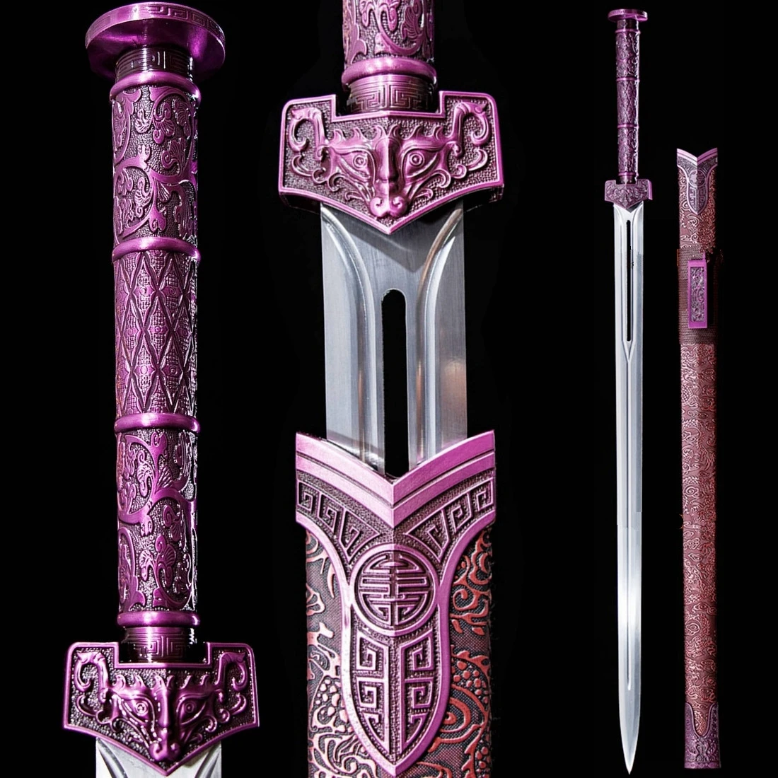 Metal Handle Chinese Kungfu Purple Dragon Battle Jian High Carbon Steel Hollow Blade  Han Dynasty Saber WuShu Double Edge Sword