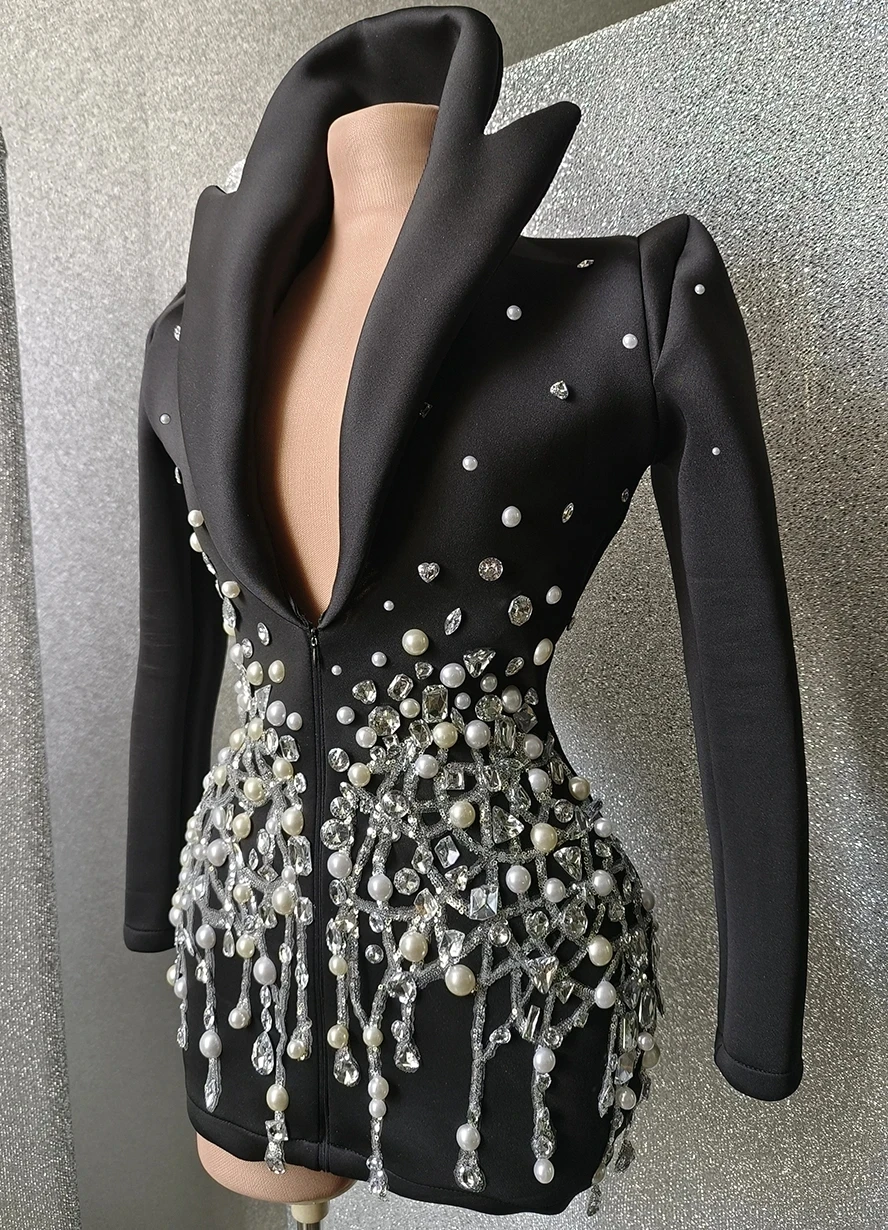 Luxury Party Show  Pearls Rhinestones Jacket Sexy Stage Wear DJ Singer Bar Nightclub Jazz Dance Costume