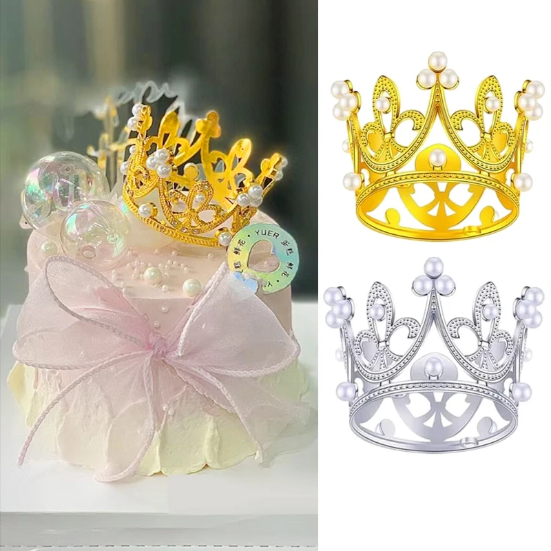 Mini Pearl Crown Cake Topper Princess Pearl Tiara Cakes Ornaments DIY Dessert Baking Decoration For Wedding Birthday Baby Shower