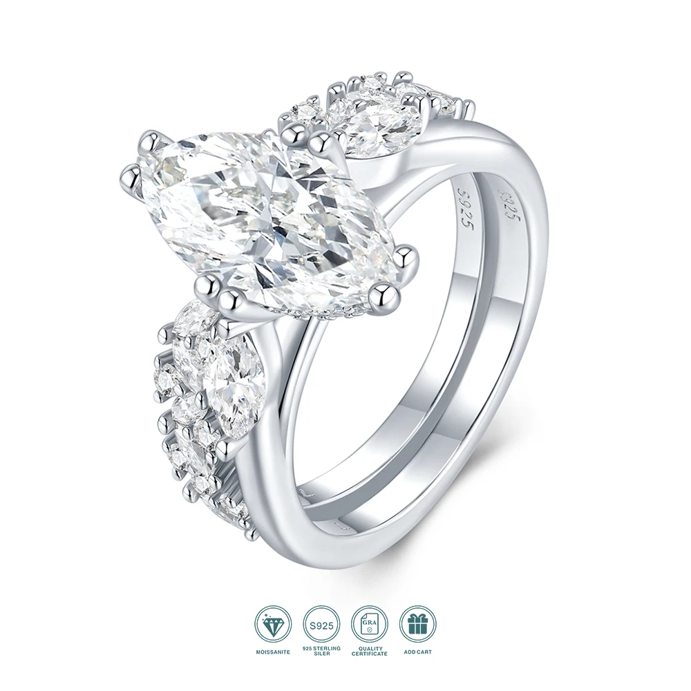 

JIUZUAN S925 Sterling Silver Marquise Moissanite Wedding Ring Set for Women Double Band Engagement Jewelry with Side Stones