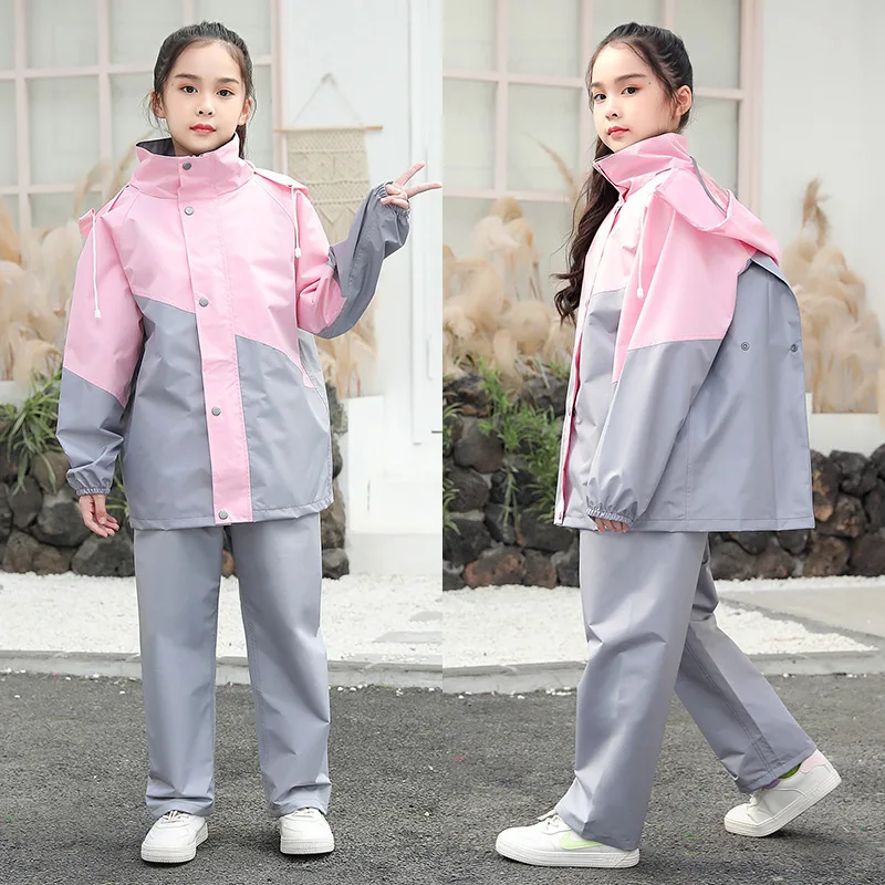 Fashion Children's Color Matching Raincoat And Rain Pants Suit Student Polyester Split Raincoat Full Body Waterproof Jacket