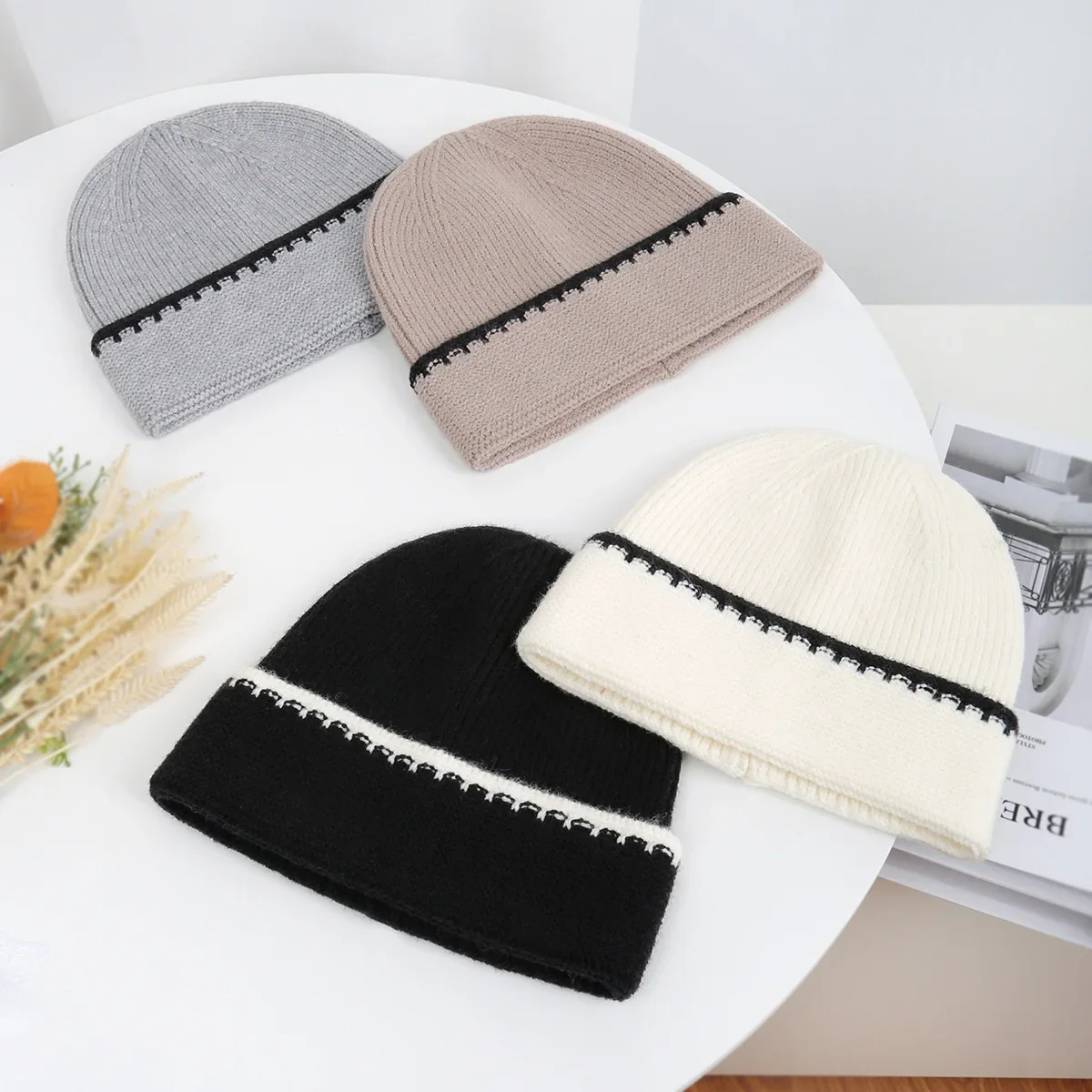 Women's Autumn Winter Hot Sale Korean Color Block Knit Beanie Warm Soft Fashion Cap