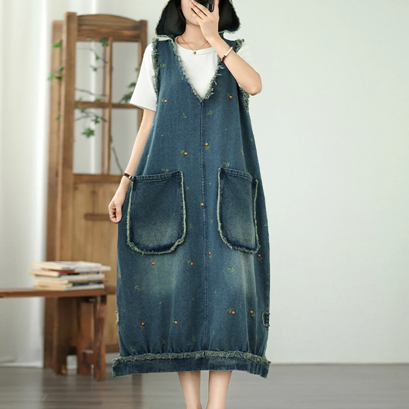

Винтажное джинсовое платье с капюшоном и вышивкой, свободное повседневное джинсовое платье большого размера с карманами, жилет с v-образным вырезом, платье Harajuku Y2K, уличное платье