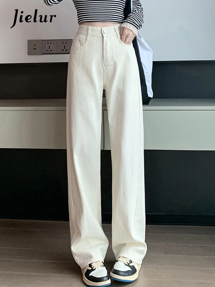 

Jielur Slim White Full Length Women Jeans Basic Office Lady Solid Color Straight Loose High Waist Fashion Female Wide Leg Pants