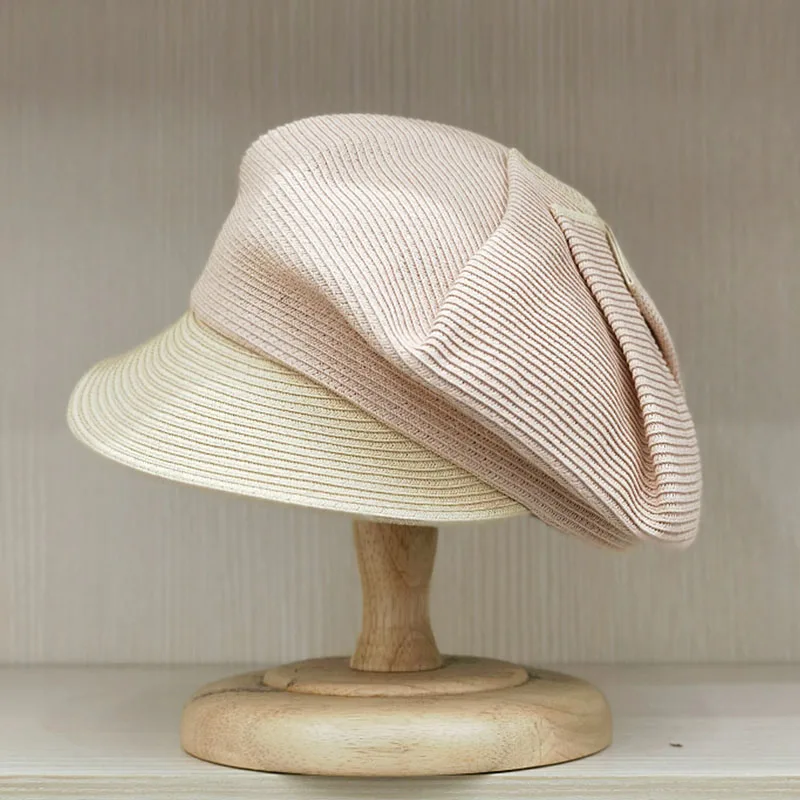 New Bow Summer Hat Beach Sun Cap Two Tones Patchwork Straw Cap Wide Brim Visor Newsboy Hat Vacation Beach Hat Foldable Lady Girl