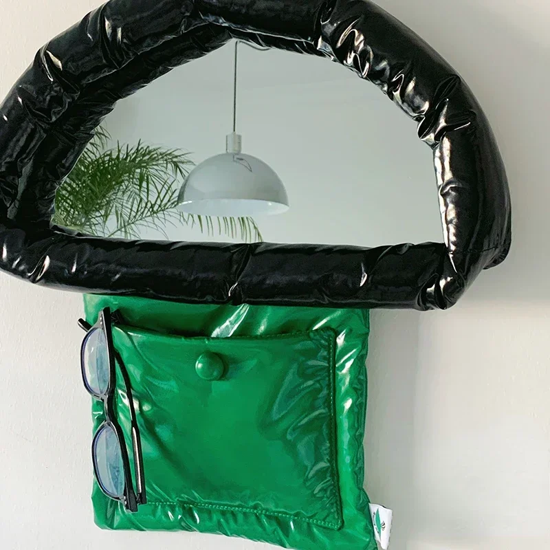 Original patent leather mushroom hanging mirror,wall hanging makeup mirror design,cotton filled, shaped mirror, fun wall hanging