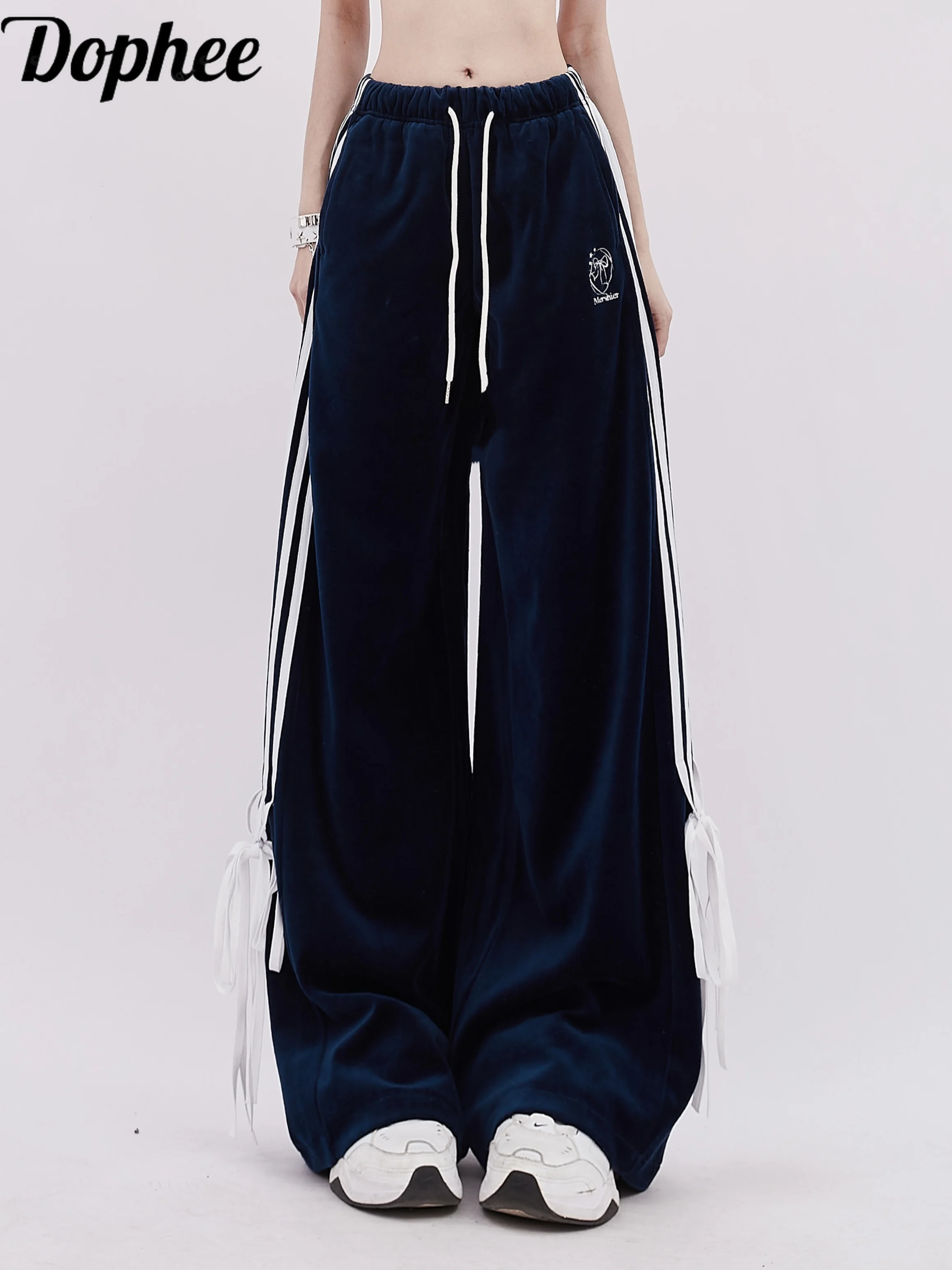 

Dophee New Women Casual Trousers 2024 New Spring Dopamine Drawstring Elastic Waist Bandage Bow Side Stripe Wide Leg Velvet Pants