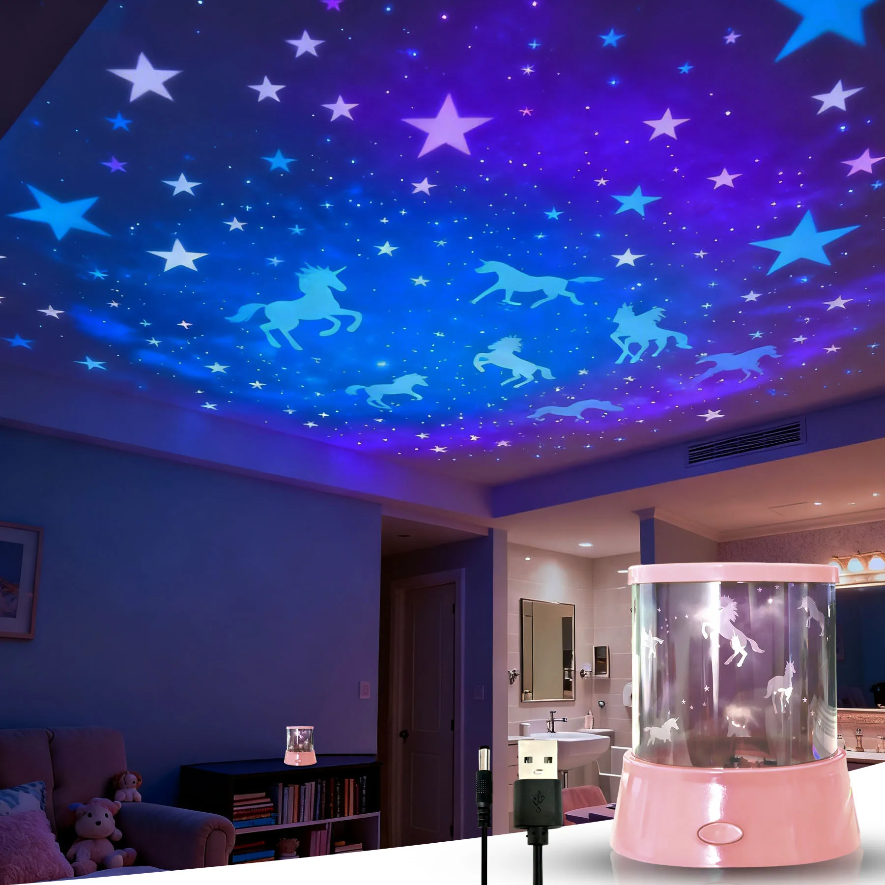 LED Unicorn Star Projector Night Light, 360° Rotating Galaxy Starry Sky Moon Lamp, Colorful Ambient Projection for Kids Bedroom,