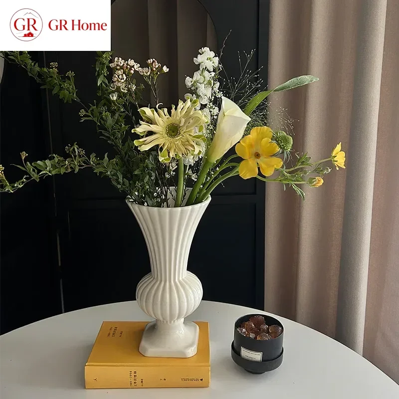 French Cream White Ceramic Vase,Elegant Floral Arrangement Vessel for Tulips,Rustic Table Centerpiece for Living Room,Home Decor