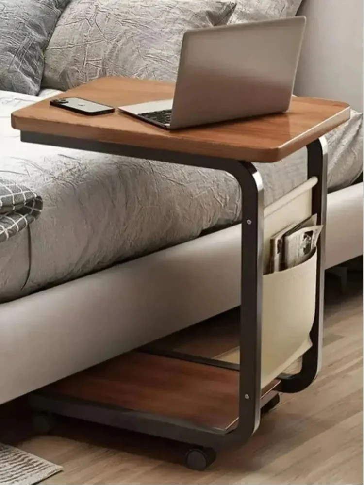 C-förmiger brauner Roll-Beistelltisch mit Aufbewahrungstasche, Massivholz- und Metallrahmen-Beistelltisch für Sofa, Bett, Wohnzimmer, Schlafzimmer