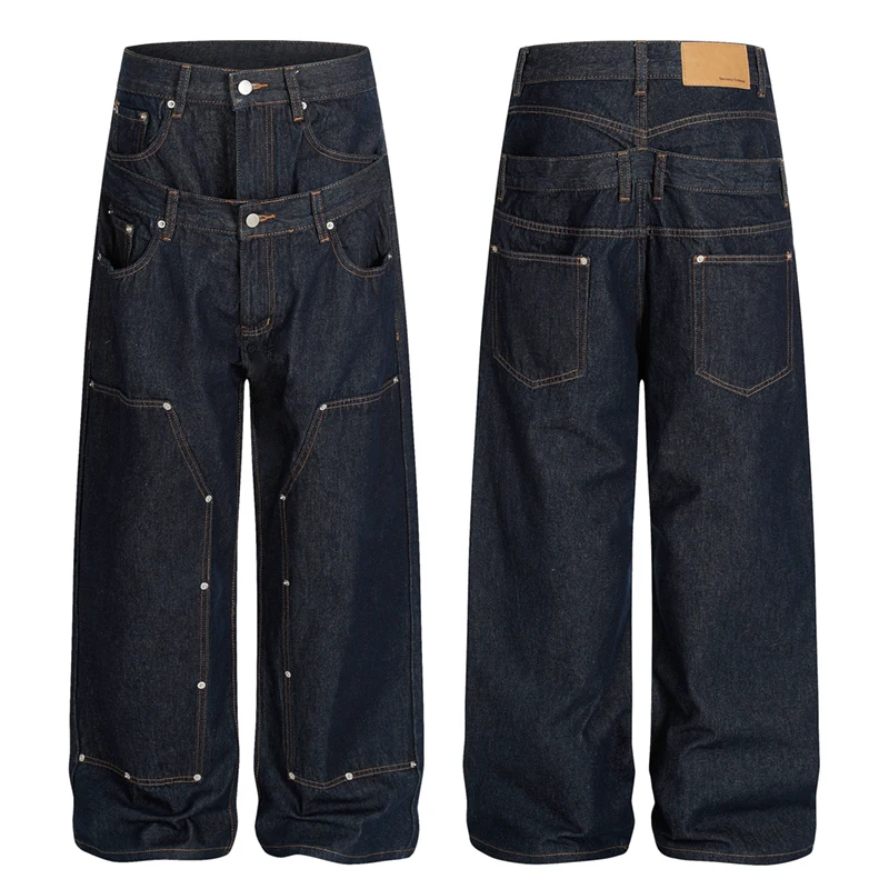 Men Streetwear Hip Hop Double Waist Rivet Loose Casual Cargo Denim Baggy Jeans Pants Women Boyfriend Jeans Trousers