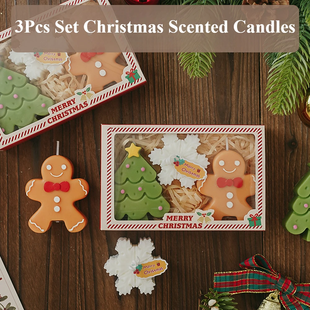 3 Pcs/Set Christmas Scented Candles Mini Holiday Aroma Candles Gift for Home Decor Snowflakes Christmas Tree Gingerbread Man