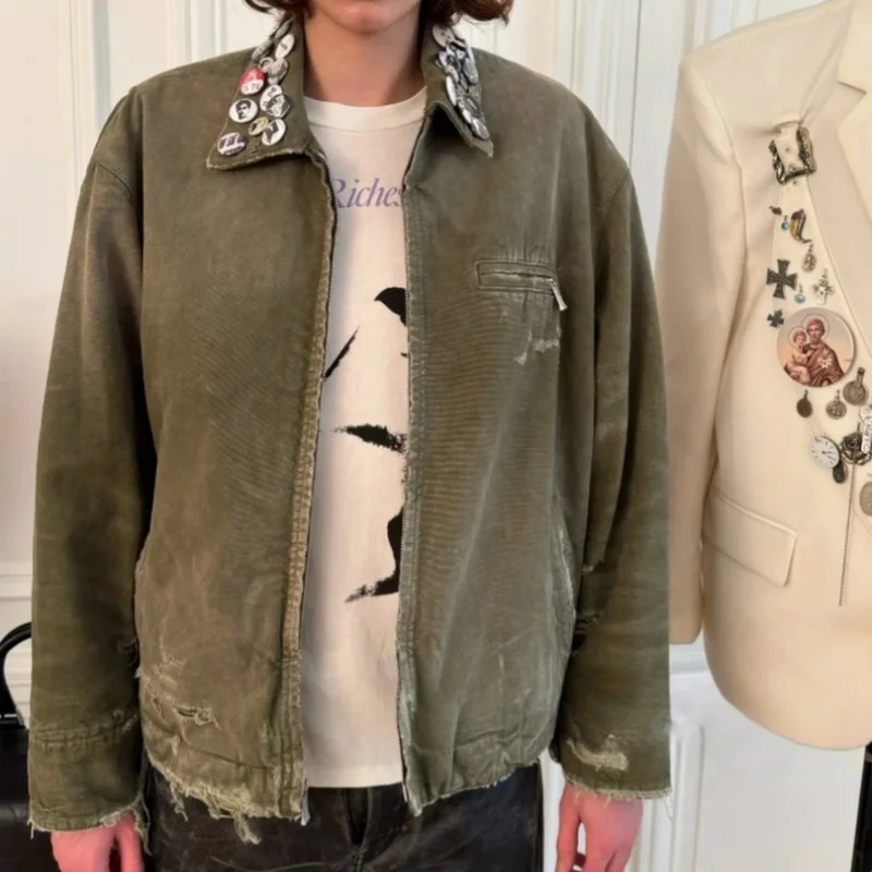 

Модная повседневная куртка-бомбер Waed Distred Detroit Workwear для молодых людей, свободного кроя, из хлопка, с длинными рукавами, на молнии, тренд 2025 года
