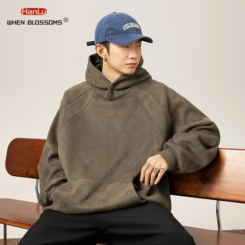 

HANLU Autumn Winter New Men Suede Hoodies Vintage Loose Casual Pullover Sweatshirts Streetwear Harajuku Oversized Hip Hop Hoodie