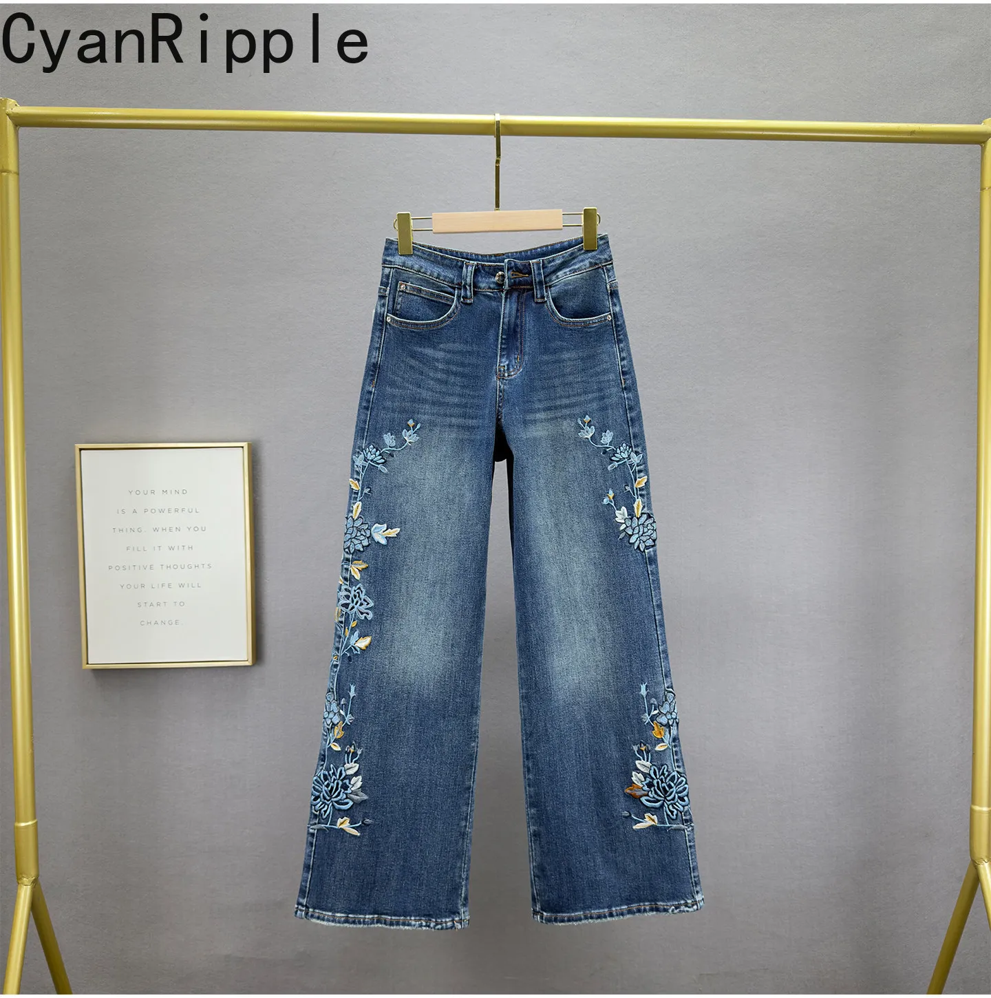High Quality Vintage Embroidery Wide Leg Jeans for Women 2026 New Spring Autumn Mopping Floor High Waist Straight Denim Pants