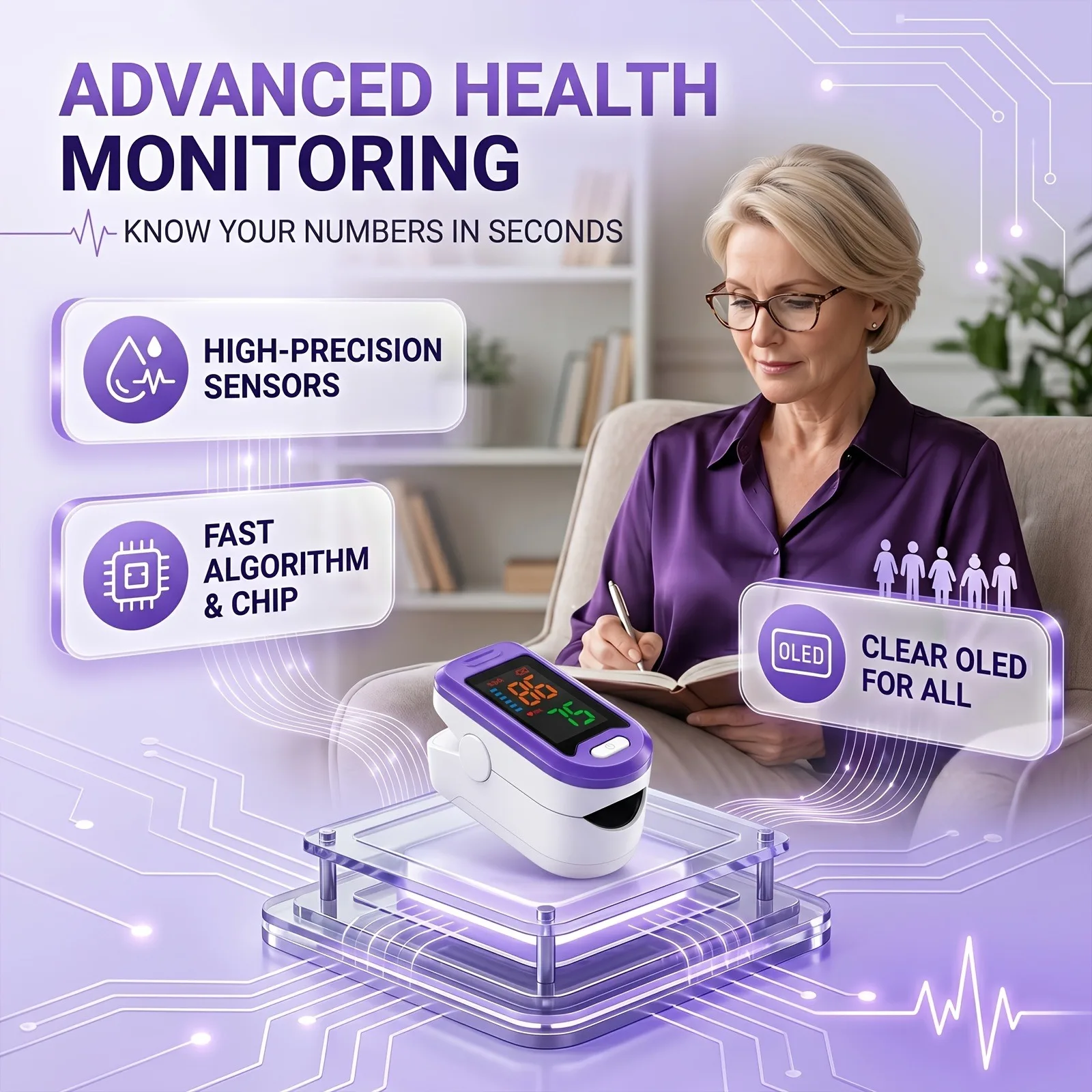 Fingerspitzen-Pulsoximeter SpO2-Monitor mit Pulsfrequenz-Digitalanzeige Blutsauerstoffsättigungs-Monitor Blutsauerstoffmessgerät in 5 Farben – Detail 10