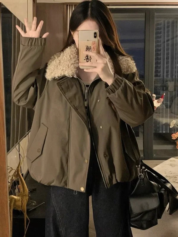 

Lamb Fur Collar Thiened ort Cotton Jaet Women's Autumn Winter plus Size Warm Small Stature Korean Sle Casual Coat
