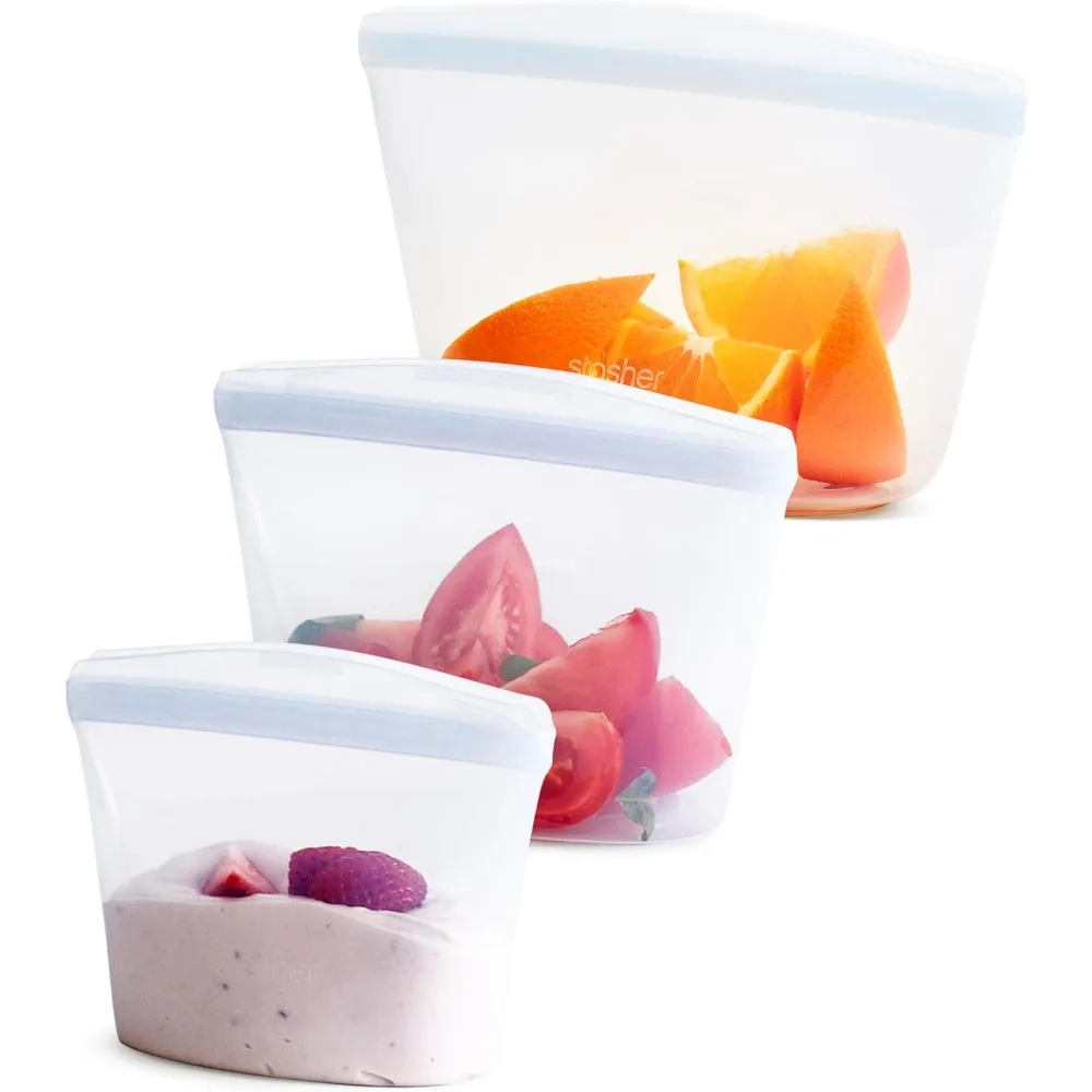 

Premium Silicone Reusable Food Storage Bags, 3-Pack, Clear, Leak-Free, Dishwasher-Safe, Eco-Friendly